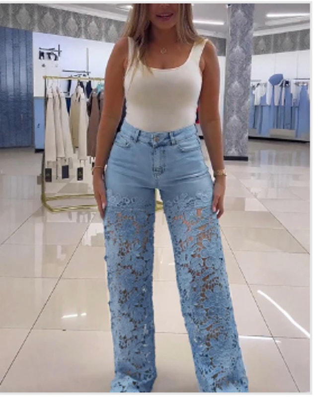Nwot Chicme Guipure Lace Spliced High Waist Zipper Fly Wide Leg Washed Jean Sz M